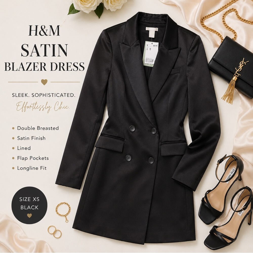 NWT H&M Satin Blazer Dress Black XS Double Breasted Mini Dress
